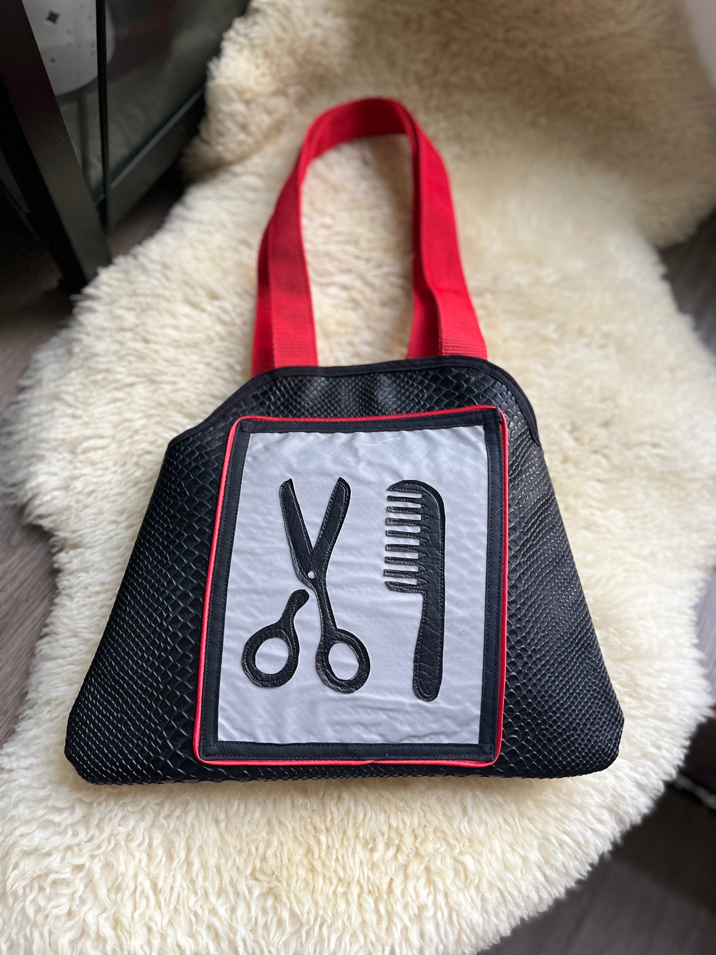 Unikat Petra Perle handgenähte Vintage Projekt-Handtasche "Kamm & Schere" ohne Boden