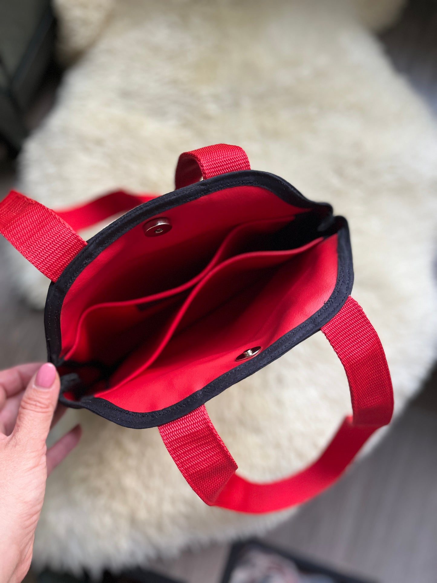 Unikat Petra Perle handgenähte Vintage Projekt-Handtasche "Kamm & Schere" ohne Boden