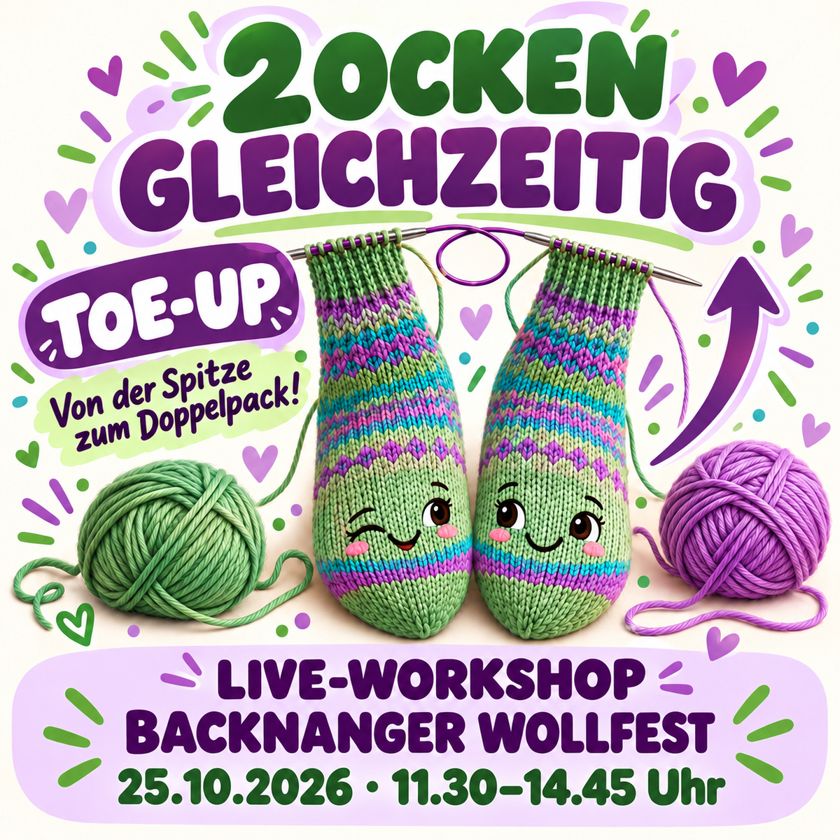 2 Socken gleichzeitig Toe-up stricken – doppelt hält besser. Von von der Spitze nach oben
