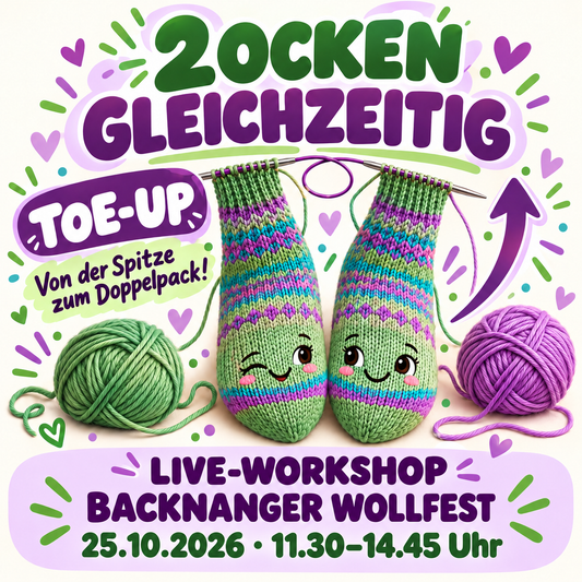 2 Socken gleichzeitig Toe-up stricken – doppelt hält besser. Von von der Spitze nach oben